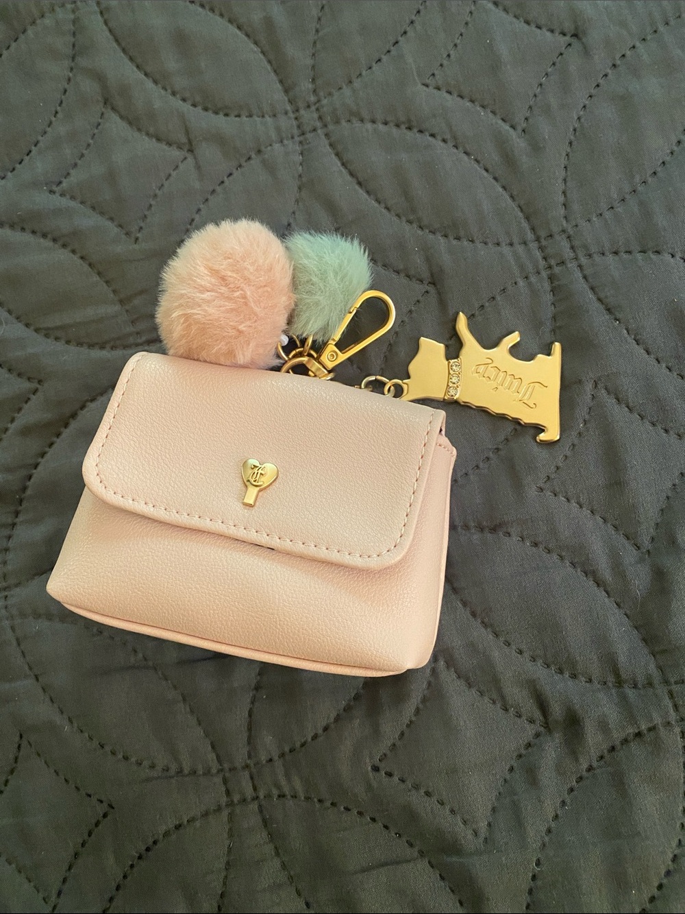 Mini Pink Faux Leather Key & Card Holder with Pom Pom Charms